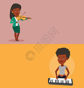 两条媒体横幅有文字空间矢量平面设计横向布局非洲美国音乐家与小提琴站在一起年轻音乐家与小提琴一起演奏小提琴上玩古典音乐的粗力主义两图片