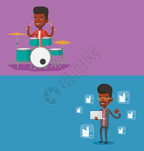 两个带有文字空间的媒体横幅矢量平面设计水布局年轻的非洲美混血儿在鼓上玩耍微笑的人在鼓包上玩耍坐在鼓包后面的快乐人图片