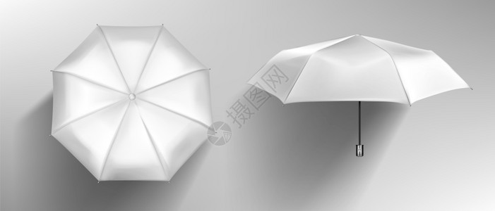 春季亲自白色伞前和顶部视图矢量现实的空伞模型配有木把手的空伞典型
