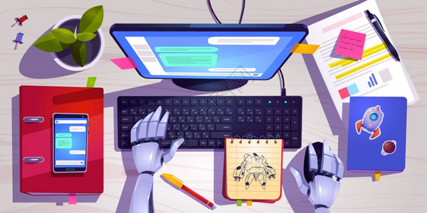 键盘安全与机器人一起工作的空间在计算机键盘顶端视图上工作与ai的聊天机器人概念带有计算机屏幕固定式植物和机器人手的木制办公桌矢量卡通未来插画
