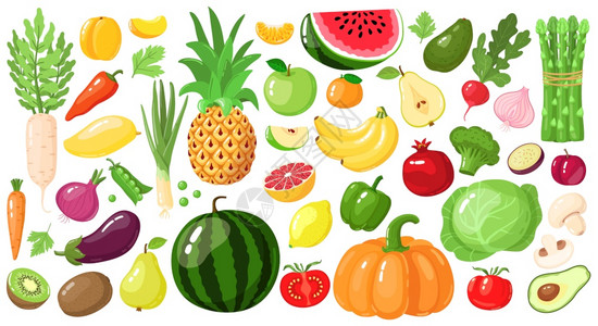 卡通水果和蔬菜维冈生活方式食品有机营养蔬菜和水果avocadoasparagus和芒果矢量插图西瓜和菠萝苹果香蕉kiwi水果图片