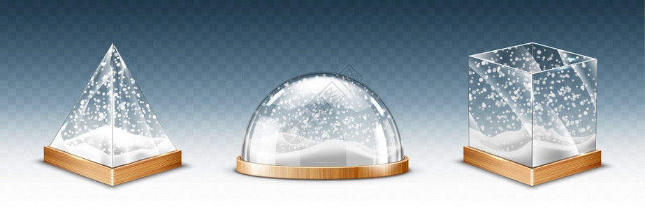 现实的玻璃立方体金字塔和带有雪花的圆顶在透明背景上隔离的圣诞节雪球纪念品在基地上的晶体容器图片