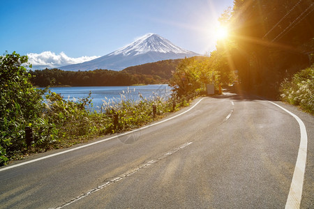 日本的藤山和川口子湖的公路边日本的公旅行和游图片