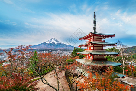 日本秋天的出时分富士山和楚里托塔达山位于阿拉库森根神庙游客可以从全景观中看到富士山这是藤最著名的景象之一背景图片