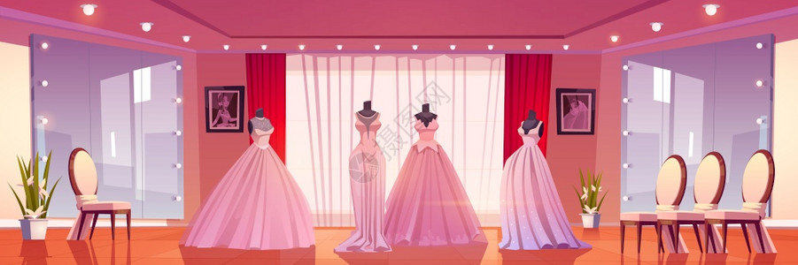 内地有婚纱的和有照明大型镜子婚纱卖新娘礼服的空小店装饰女的展厅卡通矢量插图图片