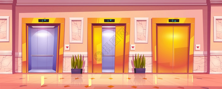 装有金色电梯门大理石墙和植物的豪华走廊内室带有金色电梯门大理石墙和植物的豪华走廊内图片