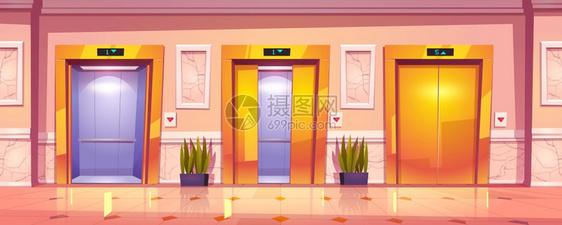 装有金色电梯门大理石墙和植物的豪华走廊内室带有金色电梯门大理石墙和植物的豪华走廊内图片