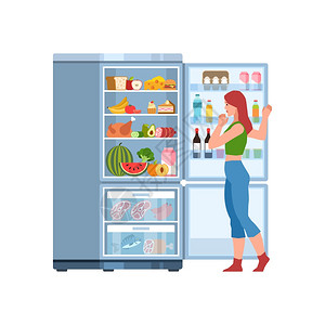 打开冰箱寻找食物的女人图片