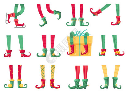 圣诞小精灵脚帮手穿着靴子和脱袜的可爱小精灵腿短和袜的可爱小精灵腿矮和礼品特马物明信片和卡通矢量集锦穿着靴子的可爱小精灵腿和脱袜子图片
