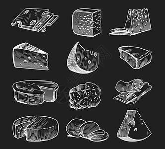 手绘奶酪纸板草图各种类的奶酪maasdam和goudamozzarella和pamesan新鲜的农场果奶制品美味的切片和碎食品雕图片