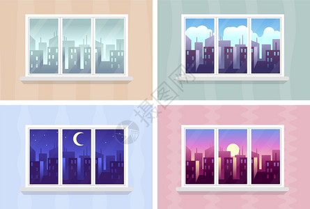 窗口视图早日夜的城市景建筑通过不同时间的家庭窗户公寓建筑物和摩天大楼现代城市景观病媒平面漫画插图窗户视早昼夜城市景建筑不同时间的图片