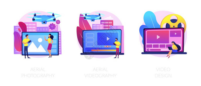 利用无人驾驶飞机制作视频录像Trendy无人驾驶航空器用于鸟类观看照片空中摄影录像视频设计比喻矢量孤立概念比喻图媒体内容生成矢量图片