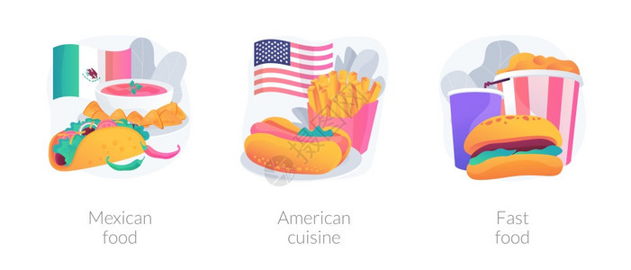 美国食品抽象概念矢量插图墨西哥和美国食品烹饪快餐玉米卷饼配方烧烤餐自制肉汉堡和比萨饼零食菜单抽象比喻美国食品抽象概念矢量插图图片