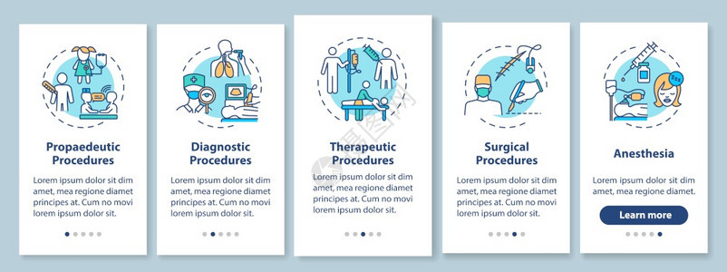 医疗程序类型装有概念的移动应用程序页面屏幕诊断和治疗经历五步图形指示配有RGB彩色插图的UI矢量模板装有概念的移动应用程序页面屏背景图片