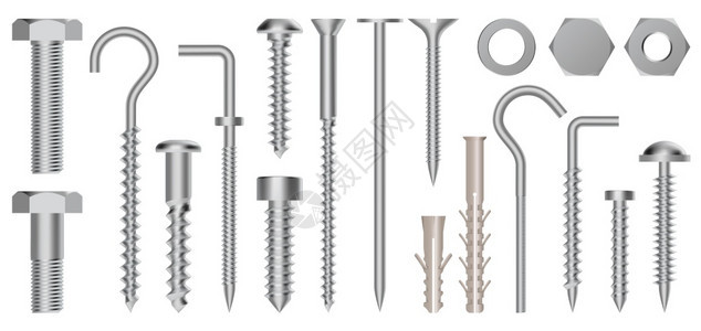 硬件不锈螺和眼钩金属固定装置孤立矢量说明装置制造紧固螺帽坚果和双快叉现实的三螺和栓硬件不锈背景图片