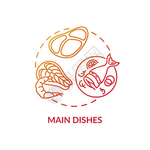 主要菜盘概念图标可选择的绝佳餐类不同的新鲜肉品种令人难以置信的餐厅菜单想法细线插图矢量孤立大纲RGB彩色绘图主菜概念标图片