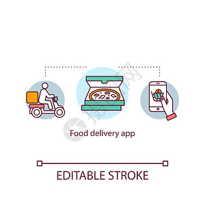 食品交付应用程序概念图标互联网移动订单在家快速交付的摩托车在线食品服务理念细线插图矢量孤立大纲RGB彩色绘图可编辑的中风图片