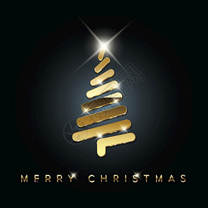 带有抽象金色圣诞树的简单矢量圣诞卡由线条制成原新年卡图片
