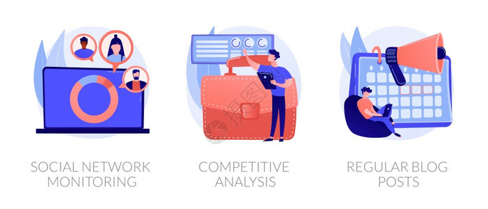 商业分析数字营销图标在线促服务社会网络监测竞争分析定期博客文章比喻矢量孤立概念比喻图SEO服务矢量概念比喻设计高清图片素材