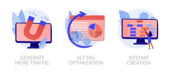 网站促进服务图标集搜索引擎优化业务生成更多流量平面标记优化站点图创建比喻矢量孤立概念比喻插图SEO结果矢量概念比喻图片