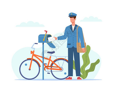 穿蓝色制服和自行车的邮递员图片
