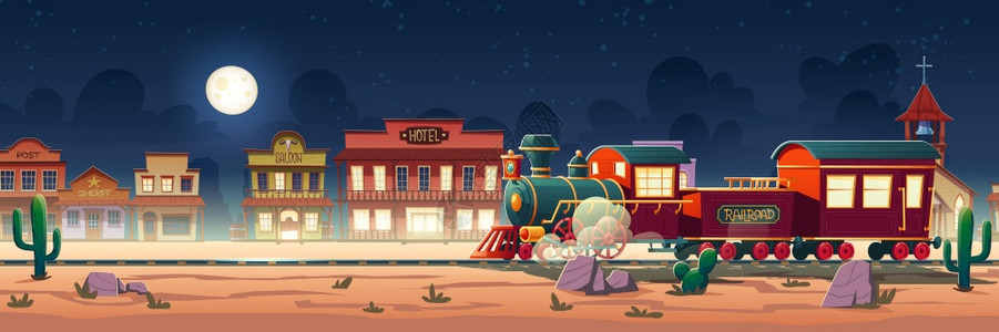 夜间西部城镇野生蒸汽火车配有铁路老旧的火车头沙漠景观仙人掌和旧木制城市建筑旅馆邮局酒吧警长和教堂卡通矢量图图片