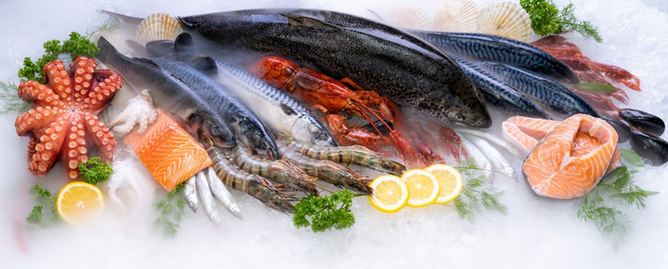 对各种新鲜奢侈海的景象龙虾鲑鱼竹章和扇贝的观察以海鲜市场含冰烟的背景图片