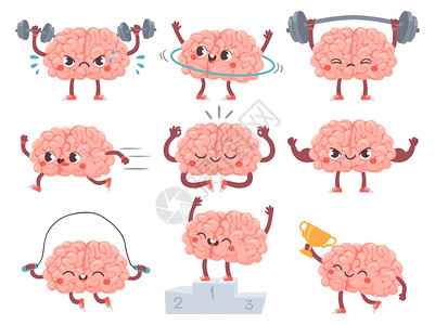 动漫脑体育活培训成绩iq比喻精神锻炼健身卡通矢量字符运动大脑特征锻炼和训练插图脑运动漫画体育活动心理锻炼图片