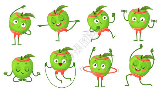 卡通苹果格健身体操锻炼水果与哑铃一起锻炼冥想坐在莲花的姿势下用绳子跳跃健康的生活方式矢量说明做体操图片