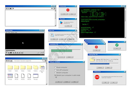 计算机窗口带弹出错误和警告窗口的Retro浏览器界面经典旧软件UIVictor插图网站和装入窗口集计算机窗口矢量网站和装入窗口集图片