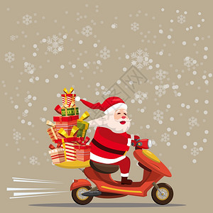 圣诞快乐老人带着一个礼物盒骑摩托车圣诞快乐老人带着一个礼物盒骑摩托车圣诞节主题设计元素用于贺卡横幅当代漫画风格的广告矢量净化图片