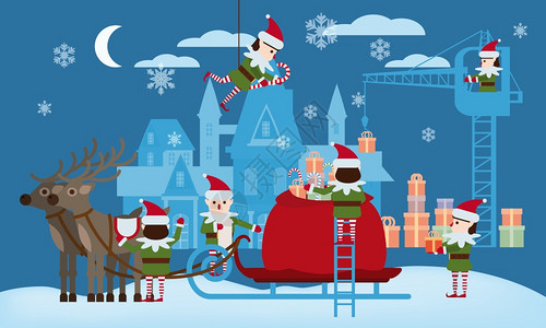 圣诞快乐和新年精灵帮手在圣诞老人的包里收集礼物雪橇上摆着美丽的鹿是圣诞老人的宫殿圣诞快乐和新年精灵帮手在圣诞老人的包里收集礼物雪图片