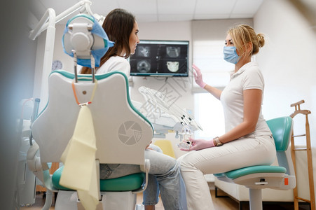 女牙医看齿X光的病人口腔诊所穿制服的医生务工作者口腔医生药和保健专业牙科口腔保健和卫生牙医女看齿的病人X光背景