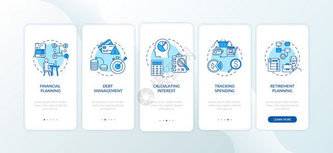 财务知识普及目标金融知识普及目标加入移动应用程序页面屏幕上带有概念的移动应用程序页面屏幕上预算增加步行5图形指示带有RGB彩色插图片