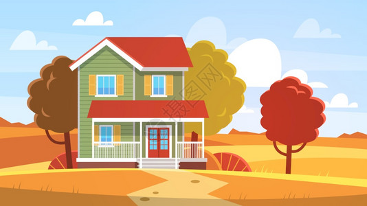 秋天的房子家黄橙树和山丘前面的建筑农村小屋季节海报图片
