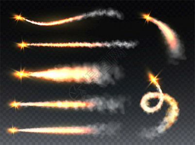 爆炸特效火箭烟雾用焰喷射器雾弹道喷射机火雾弹道喷射飞机等拖累烟雾导弹航天飞机或宇宙船在透明背景下孤立的坠落彗星或流蒸汽现实载体用火焰喷射插画