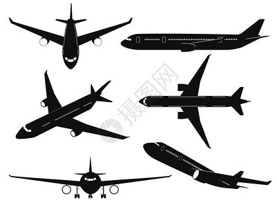 不同角度的客机飞顶部侧面和前视国际运输旅行商业航空飞机黑色矢量隔离装置飞机双影国际运输商业航空飞机矢量固定装置图片