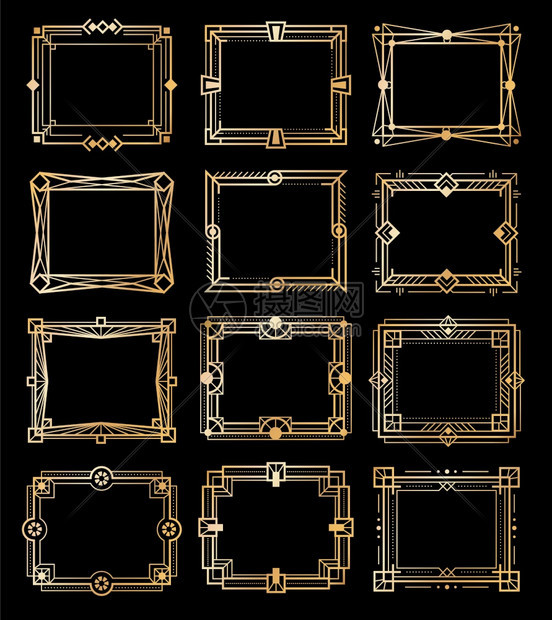 艺术德科金框奢侈品古老的矩形边框几何线图案1920年代的空样式元素抽象的变换装饰形状收集矢量孤立图案集黄金豪华古典边框几何线模式图片