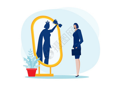 女商人看着镜子到超级皇后自信的力量商业领导在蓝色背景矢量插图上图片