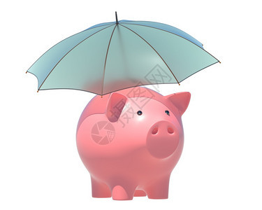 保护伞下的小猪银行3D插图图片