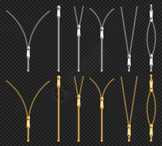 金属拉链固定装置银金拉链有不同形状的拉链开或闭黑色纤维带在透明背景上隔离的服装硬件现实的3d矢量图拉链套装图片