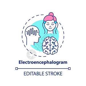 电脑图概念标科学大脑研究健康检查医学技术细线图解矢量孤立大纲RGB彩色绘图可编辑中风脑图概念标图片