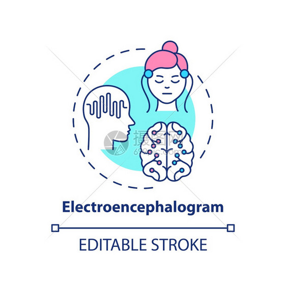 电脑图概念标科学大脑研究健康检查医学技术细线图解矢量孤立大纲RGB彩色绘图可编辑中风脑图概念标图片