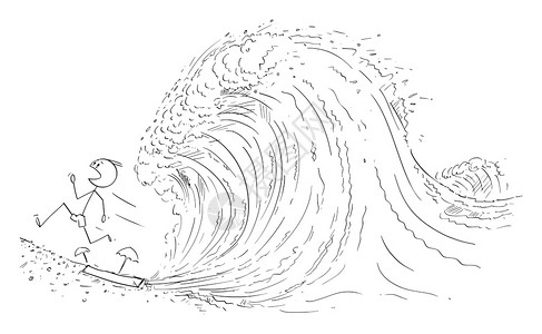 海滩奔跑矢量卡通海啸追赶小人矢量插画插画