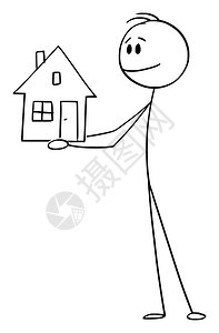 矢量卡通插图解拥有小型家庭住房的微笑男子或商人的概念说明图片