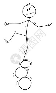 矢量卡通插图绘制人或商在三个环球或石头上的平衡概念图矢量卡通说明人或商在三个环球或石头上的平衡图片
