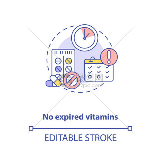 没有过期的维他命概念图标充足的维他命摄入量概念薄线插图过期日饮食补充成分矢量孤立大纲RGB彩色绘图可编辑中风没有过期的维他命概念图片