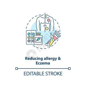 减少过敏和抗概念图标抗生素对健康有好处设想细线插图Eczema预防和治疗矢量孤立的大纲RGB彩色绘图可编辑的中风减少过敏和抗动概图片
