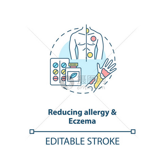 减少过敏和抗概念图标抗生素对健康有好处设想细线插图Eczema预防和治疗矢量孤立的大纲RGB彩色绘图可编辑的中风减少过敏和抗动概图片