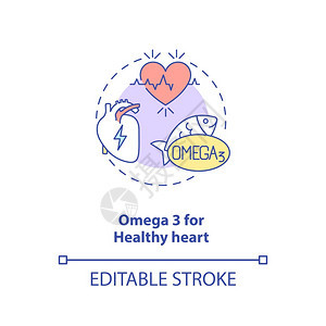 Omega3用于健康心脏概念图标需要补充点子细线插图非常规心跳发育血管矢量孤立大纲RGB彩色绘图可编辑中风图片